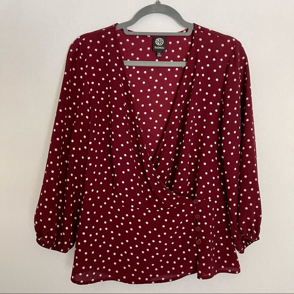 Bobeau Side Button Wrap Blouse Burgundy/Ivory Dot - Picture 2 of 14
